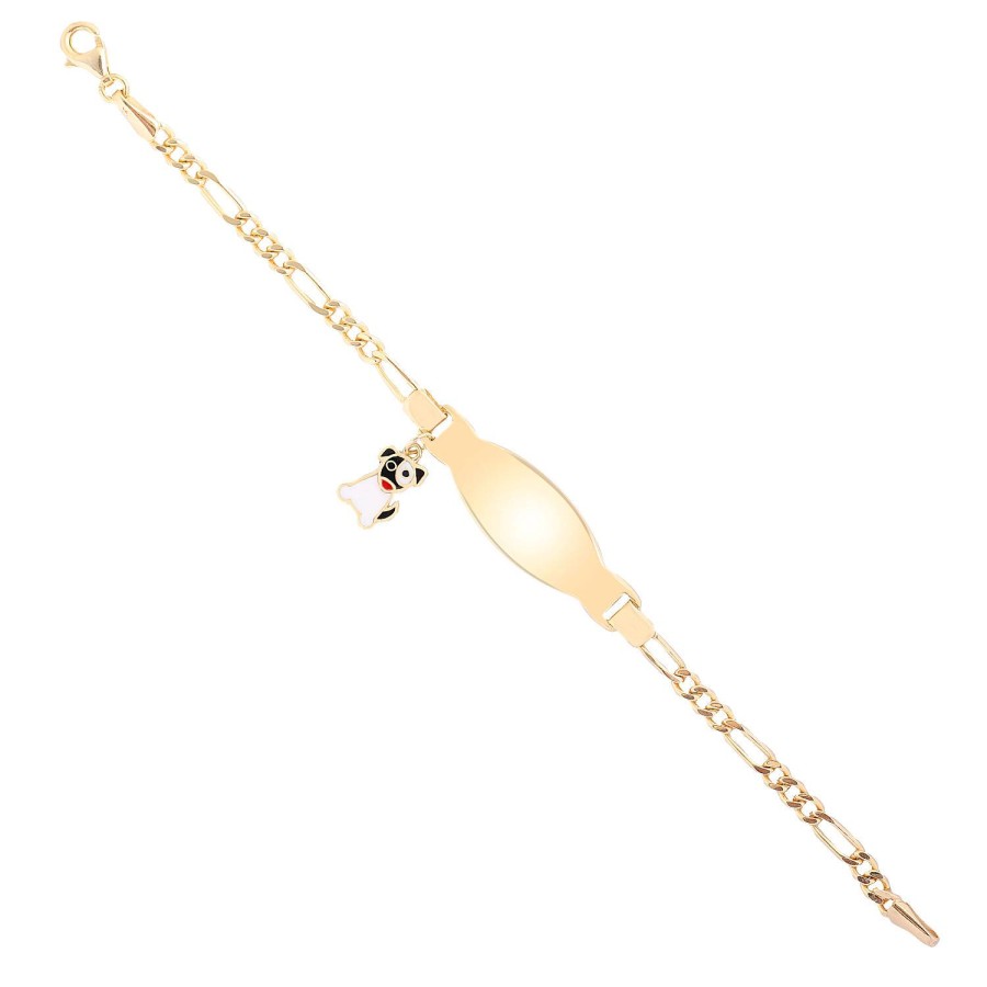 14 Ayar Sarı Altın Siyah Beyaz Mineli Köpek Figürlü Çocuk Künye Sallantılı Bileklik