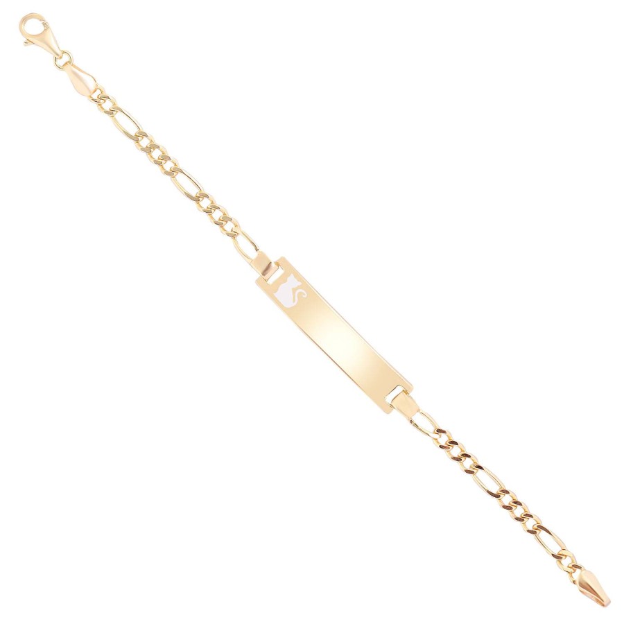 14 Ayar Sarı Altın Gri Mineli Kedi Figürlü Çocuk Künye Bileklik