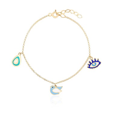 14 Ayar Sarı Altın Göz Kış Figürlü Mineli Sallantılı Bileklik