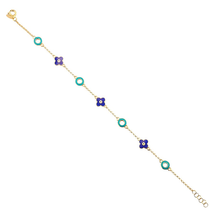 14 Ayar Sarı Altın Lacivert Ve Turkuaz Mineli Çiçek Figürlü Bileklik