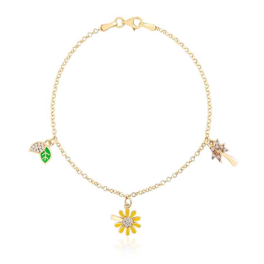 14 Ayar Sarı Altın Ağaç Yaprak  Figürlü Mineli Sallantılı Bileklik