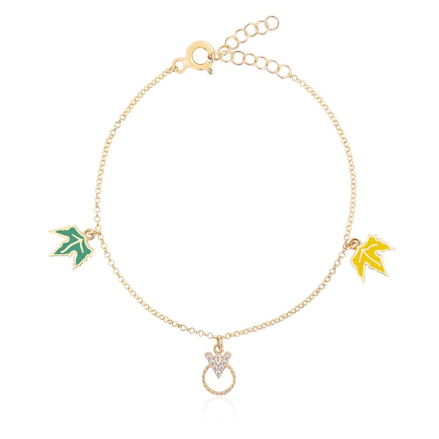 14 Ayar Sarı Altın Renkli Yaprak Figürlü V Harfli Sallantılı Taşlı Bileklik