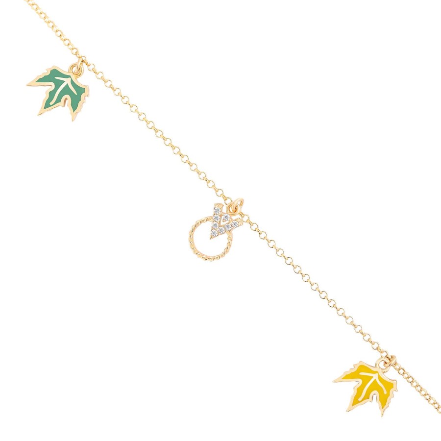 14 Ayar Sarı Altın Renkli Yaprak Figürlü V Harfli Sallantılı Taşlı Bileklik