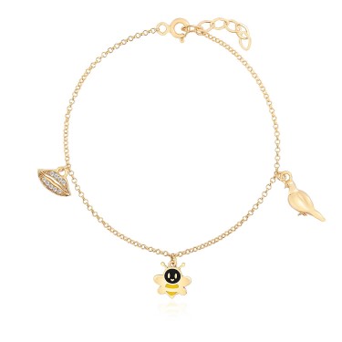 14 Ayar Sarı Altın Kuş Arı Figürlü Mineli Sallantılı Çocuk Bileklik