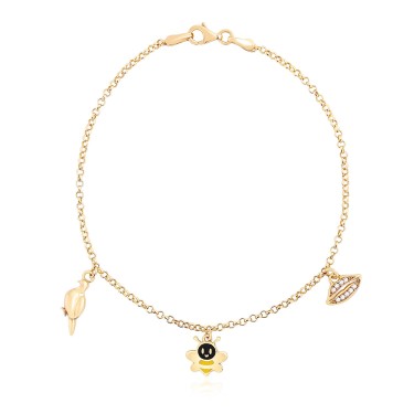 14 Ayar Sarı Altın Kuş Arı Figürlü Mineli Sallantılı Bileklik
