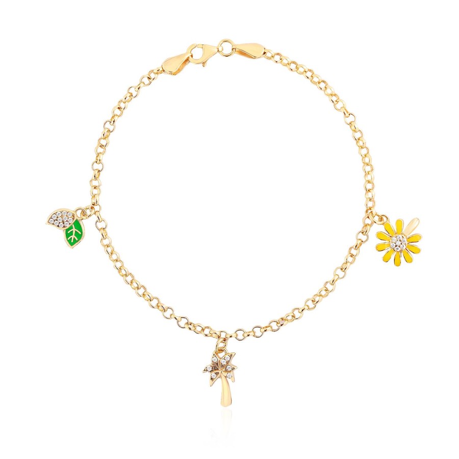 14 Ayar Sarı Altın Yaprak Ağaç Figürlü Mineli Sallantılı Bileklik