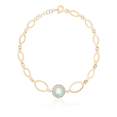 14 Ayar Sarı Altın Oval Zincirli Kalp Figürlü Turkuaz Mineli Taşlı Bileklik