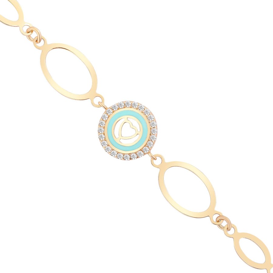14 Ayar Sarı Altın Oval Zincirli Kalp Figürlü Turkuaz Mineli Taşlı Bileklik