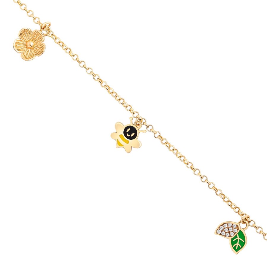 14 Ayar Sarı Altın Sallantılı Arı Ve Yaprak Taşlı Bileklik