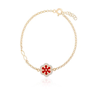 14 Ayar Sarı Altın Çiçek Motifli Kırmızı Mineli Taşlı Bileklik