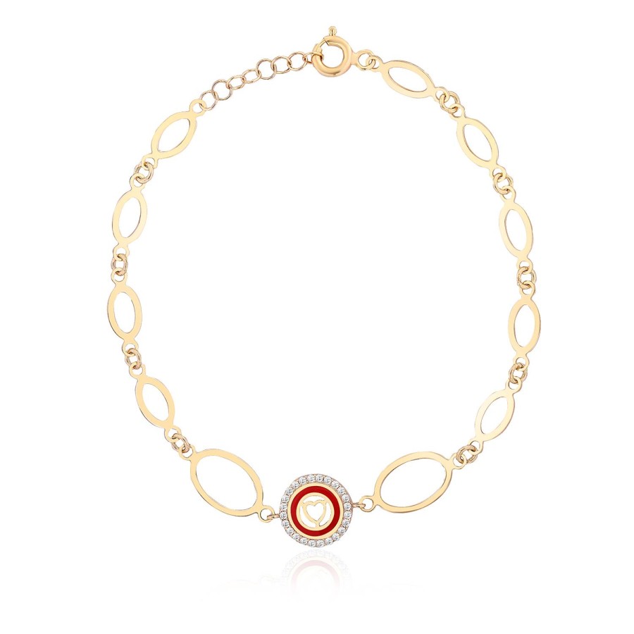 14 Ayar Sarı Altın Halka Zincir Kırmızı Mineli Taşlı Bileklik