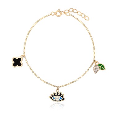 14 Ayar Sarı Altın Göz Yaprak Figürlü Sallantılı Mineli Bileklik