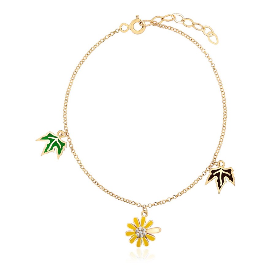 14 Ayar Sarı Altın Çiçek Yaprak Figürlü Sallantılı Mineli Bileklik