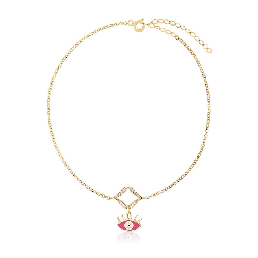 14 Ayar Sarı Altın Göz Figürlü Pembe Mineli Taşlı Bileklik