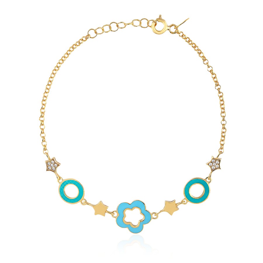 14 Ayar Sarı Altın Turkuaz Mineli Çiçek Figürlü Bileklik