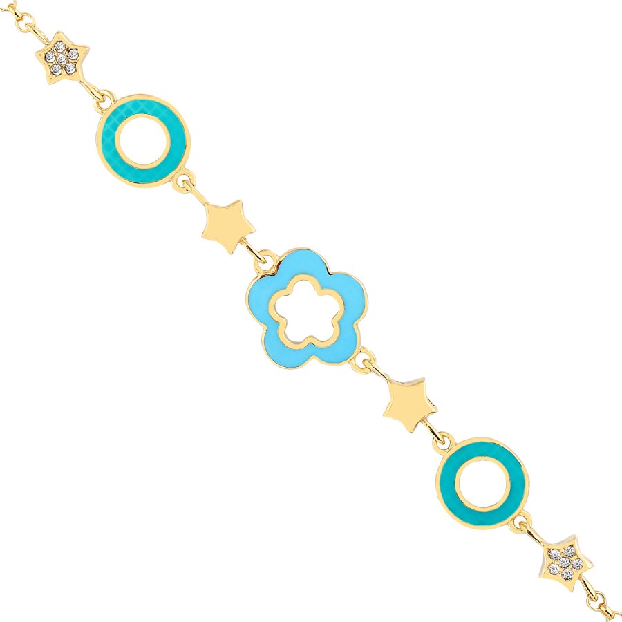 14 Ayar Sarı Altın Turkuaz Mineli Çiçek Figürlü Bileklik