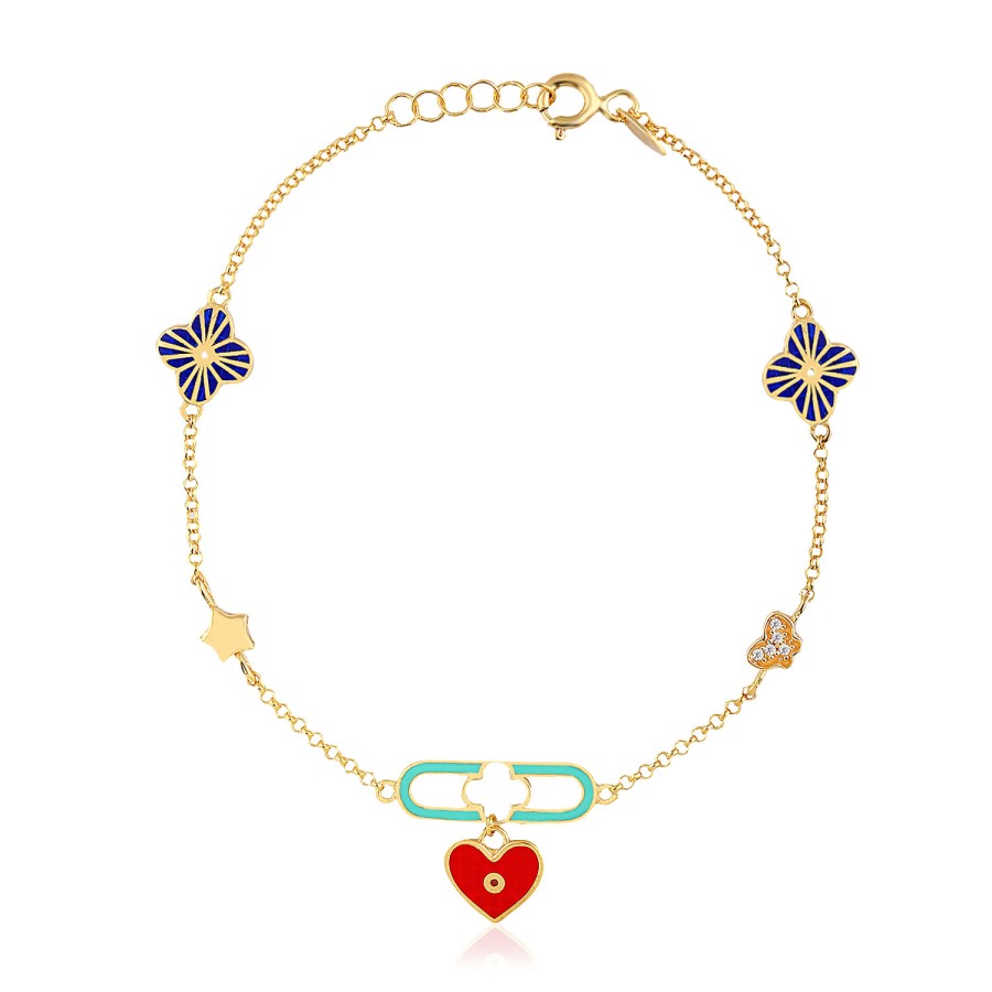 14 Ayar Sarı Altın Kırmızı Mineli Kalp Figürlü Bileklik