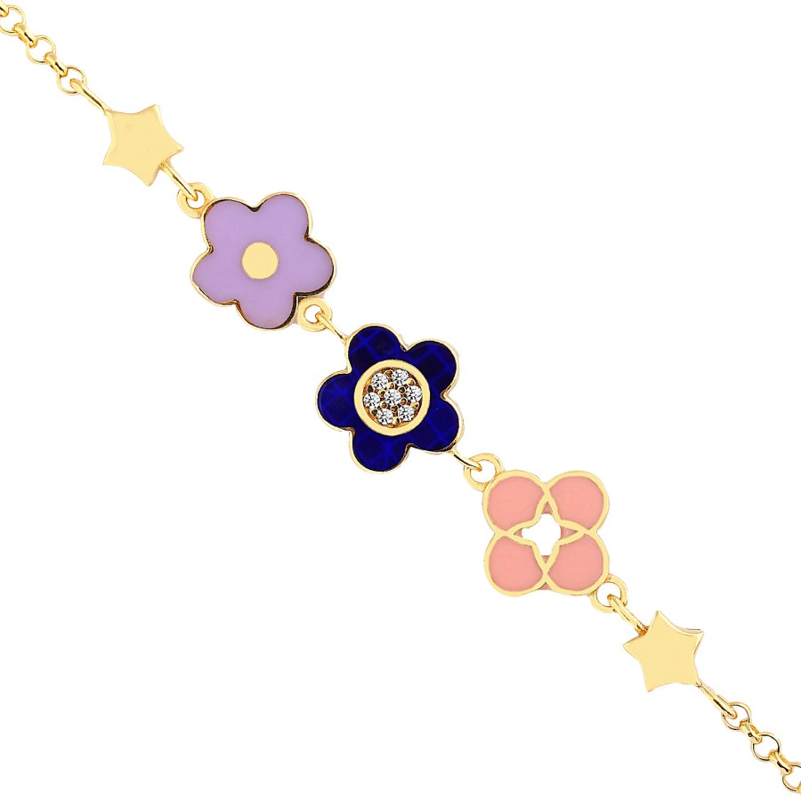 14 Ayar Sarı Altın Çiçek Figürlü Mineli Bileklik