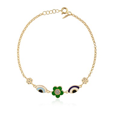 14 Ayar Sarı Altın Çiçek Figürlü Yeşil Mineli Bileklik