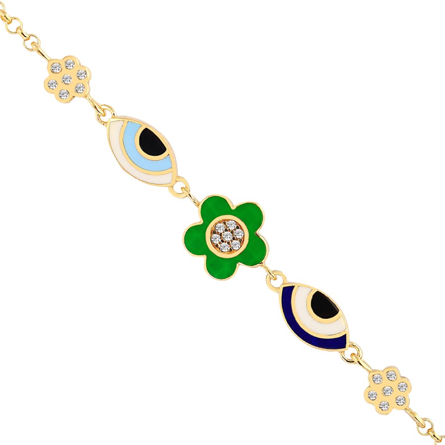 14 Ayar Sarı Altın Çiçek Figürlü Yeşil Mineli Bileklik