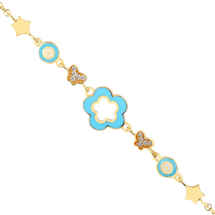 14 Ayar Sarı Altın Çiçek Figürlü Turkuaz Mineli Bileklik