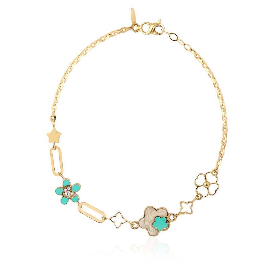 14 Ayar Sarı Altın Mineli Yonca Figürlü Bileklik