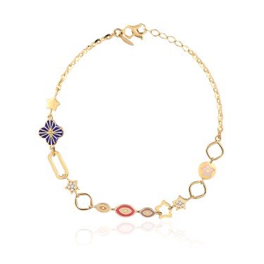 14 Ayar Sarı Altın Mineli Yıldız Ve Göz Figürlü Bileklik