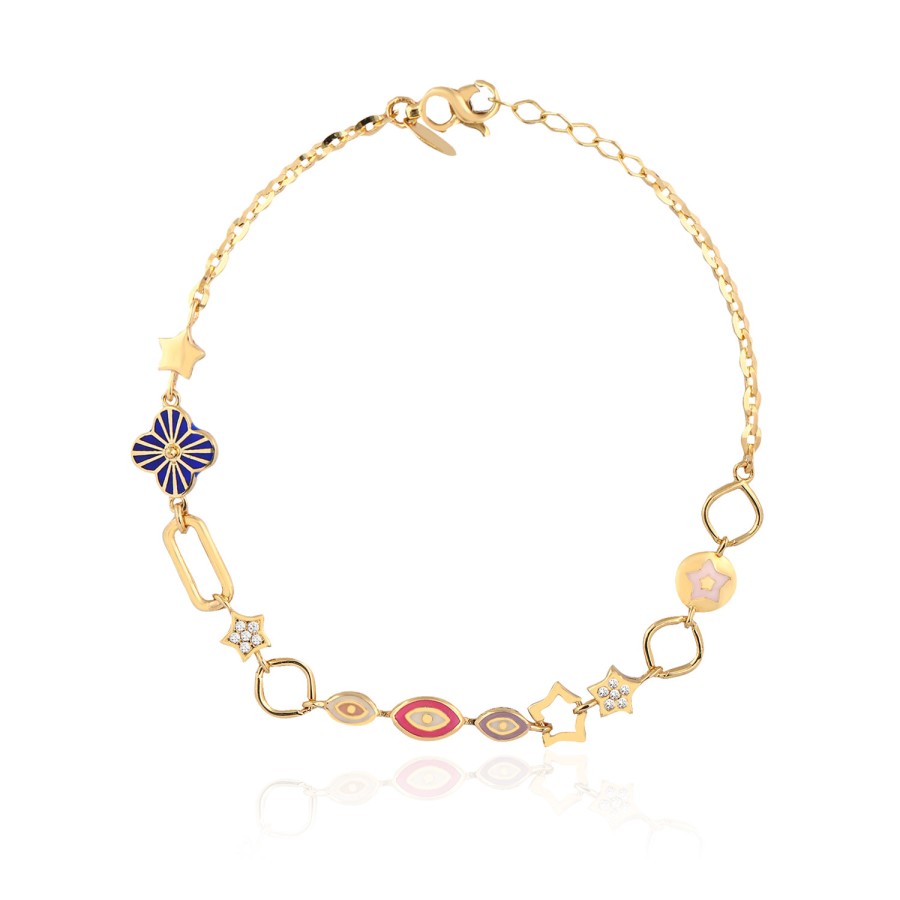 14 Ayar Sarı Altın Mineli Yıldız Ve Göz Figürlü Bileklik