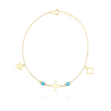 14 Ayar Sarı Altın Sallantılı Turkuaz Taşlı Çicek Figürlü Bileklik