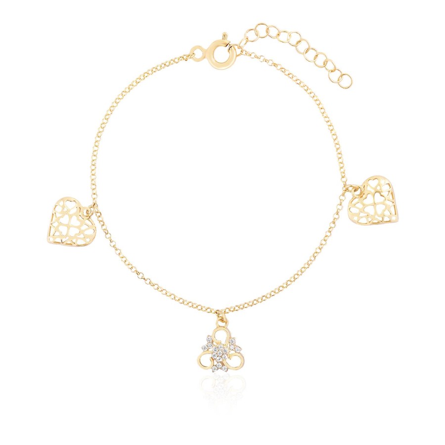 14 Ayar Sarı Altın Kalp Figürlü Sallantılı Taşlı Bileklik