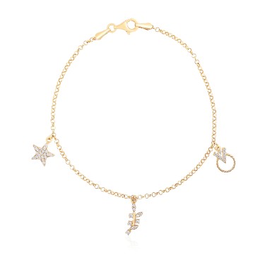 14 Ayar Sarı Altın Yıldız ve Yaprak Figürlü Sallantılı Taşlı Bileklik