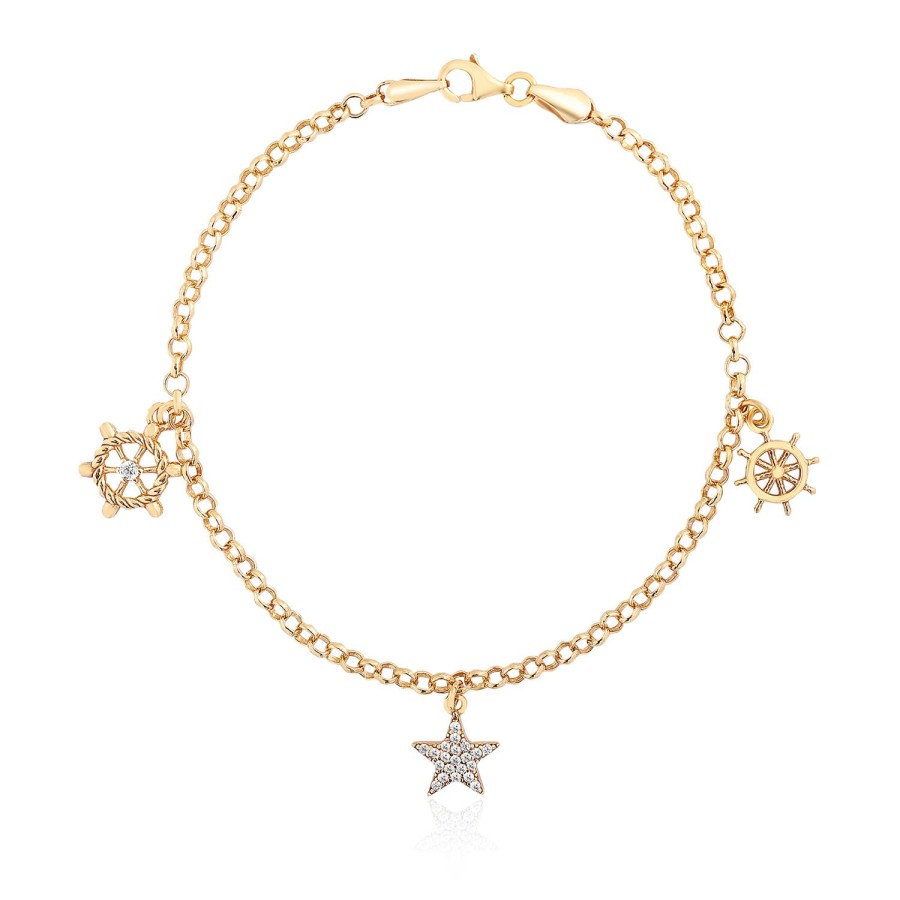 14 Ayar Sarı Altın Sallantılı Taşlı Yıldız Motifli Bileklik