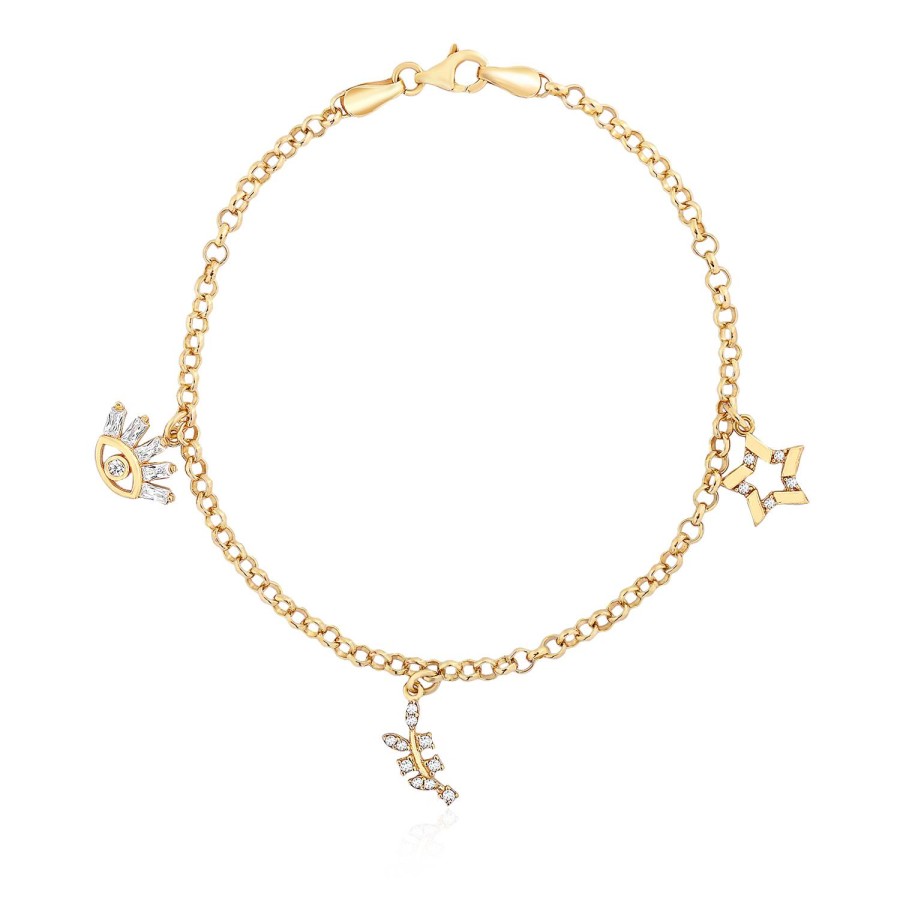 14 Ayar Sarı Altın Göz Yıldız Figürlü Taşlı Sallantılı Bileklik