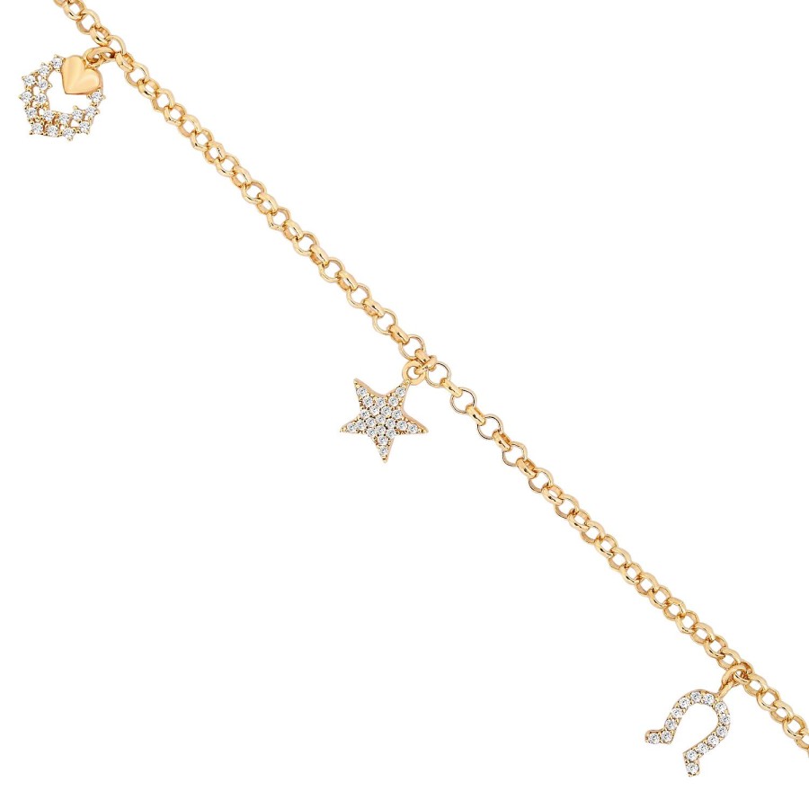 14 Ayar Sarı Altın Sallantılı Taşlı Yıldız Kalp Figürlü Bileklik