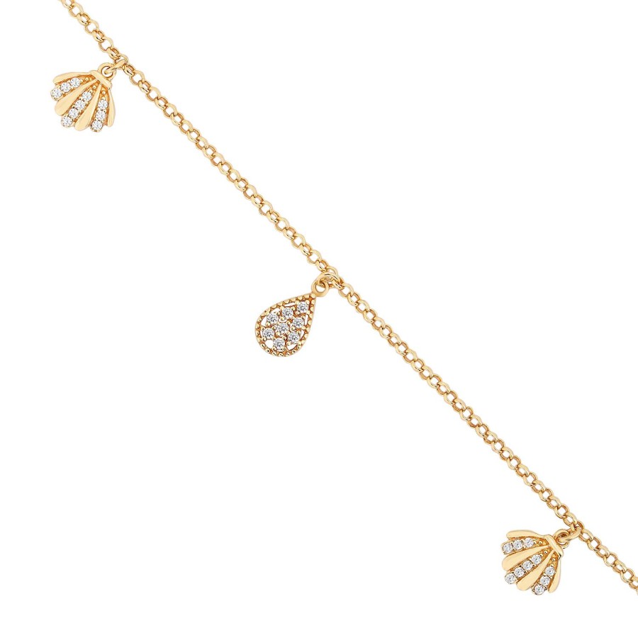 14 Ayar Sarı Altın Sallantılı Deniz Kabuğu Ve Damla Figürlü Bileklik