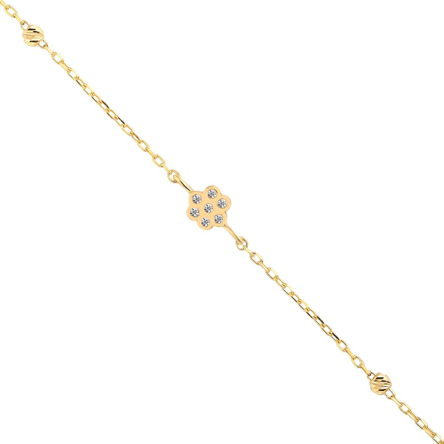 14 Ayar Sarı Altın Çiçek Figürlü Taşlı Özel Tasarım Bileklik