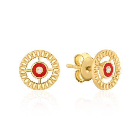 14 Ayar Sarı Altın Kırmızı Mineli Minimal Taşlı Küpe