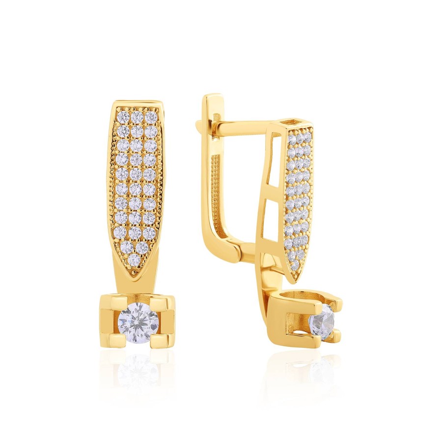 14 Ayar Sarı Altın Üç Sıra Taşlı Küpe