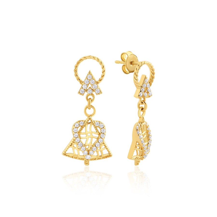 14 Ayar Sarı Altın Kalpli Taşlı Küpe