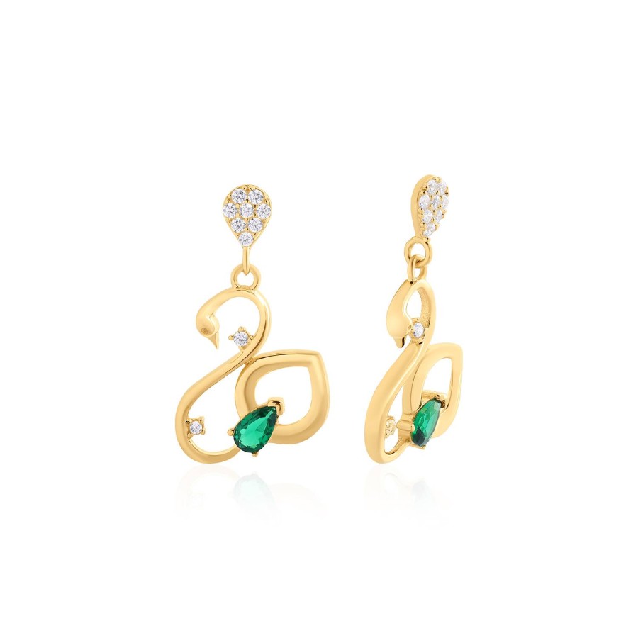 14 Ayar Sarı Altın Yeşil Taşlı Kuğu Figürlü Küpe