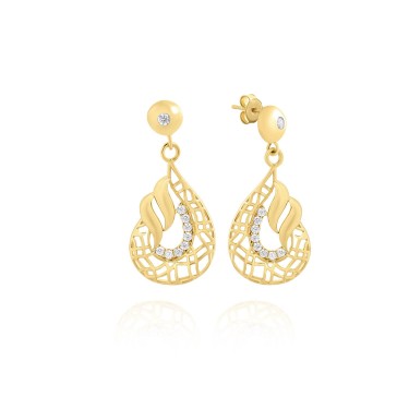 14 Ayar Sarı Altın Sallantılı Taşlı Damla Desenli Küpe