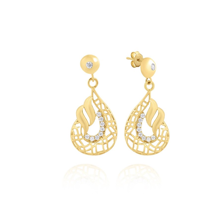 14 Ayar Sarı Altın Sallantılı Taşlı Damla Desenli Küpe