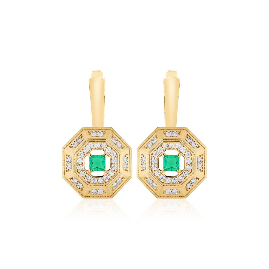 14 Ayar Sarı Altın Baget Kesim Yeşil Taşlı Küpe