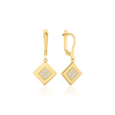 14 Ayar Sarı Altın Sallantılı Kare Kesim Taşlı Küpe