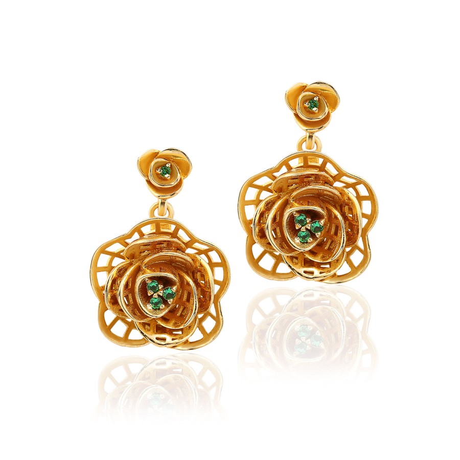 14 Ayar Sarı Altın Gül Figürlü Taşlı Küpe