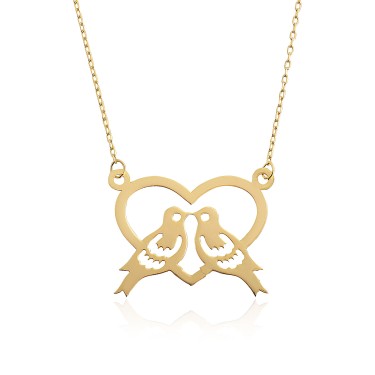 14 Ayar Sarı Altın Tasarım Kuş ve Kalp Figürlü Kolye