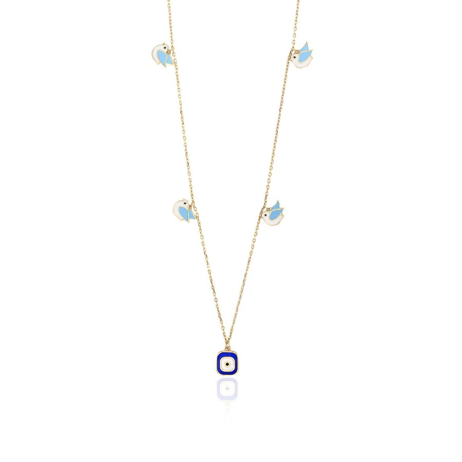 14 Ayar Sarı Altın Nazar Boncuğu Ve Kuş Figürlü Mineli Kolye