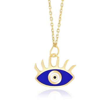 14 Ayar Sarı Altın Mavi Mineli Göz Figürlü Kolye