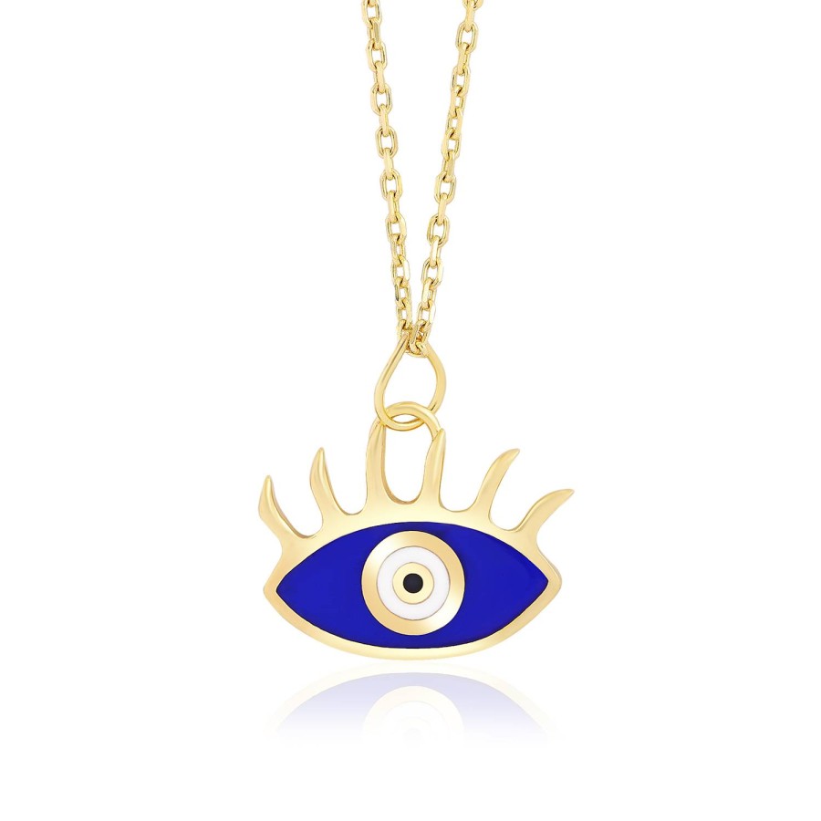 14 Ayar Sarı Altın Mavi Mineli Göz Figürlü Kolye