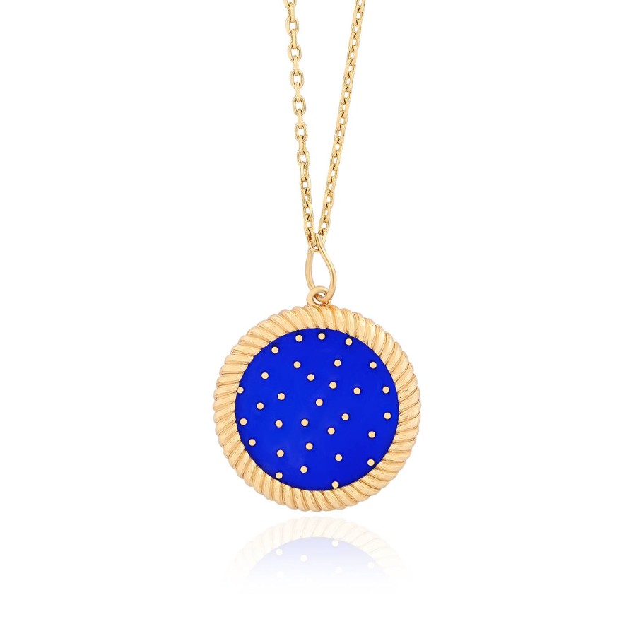 14 Ayar Sarı Altın Yuvarlak Mavi Mineli Kolye